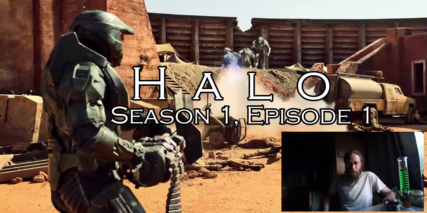 Video thumbnail for Halo, season 1, episode 1. Image is a 3rd person view of Master Chief wielding a Gatling gun that he is firing at a few Covenant Elites on a raised platform in the distance. They are on a desert planet, in a circular base with lots of metal debris, and many dead civilians.