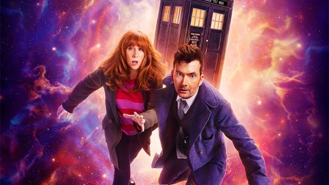 Video thumbnail for reaction to the Doctor Who 60th Anniversary first episode. The image features David Tennant and Cathrine Tate in a dramatic pose with fear on their faces, behind them is the TARDIS with a bright fiery glow around it, blending into darker sides.